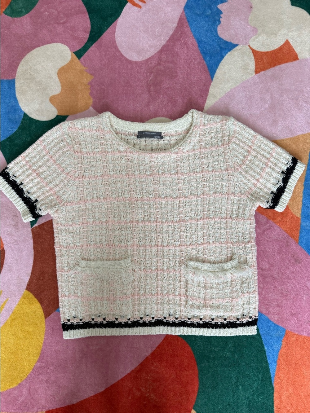 Anthropologie • Crop Knit Sweater • Pink, Black, Cream